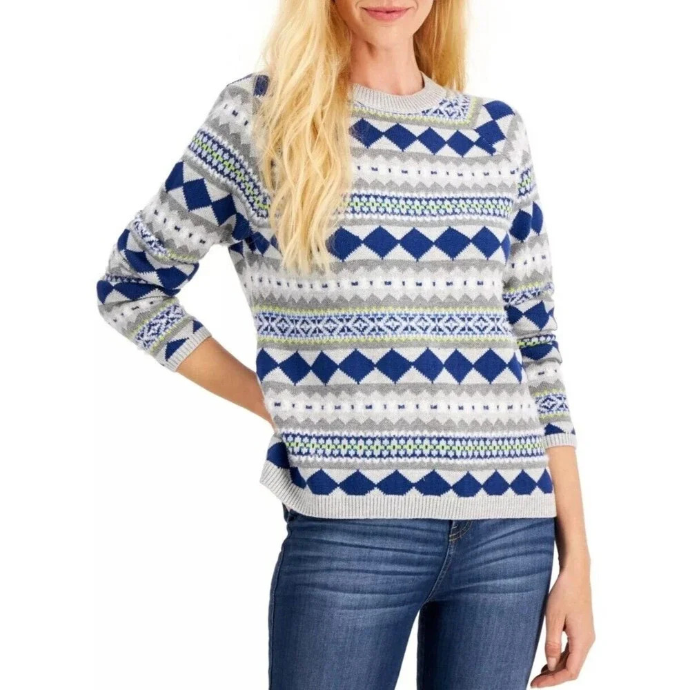 Style & Co Fair‎ Isle Crew-Neck Sweater Gray Size 2XL